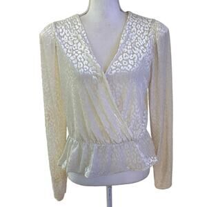 Express Size M Faux Wrap Blouse Tonal Leopard Burnout Blouse Puff Sleeves